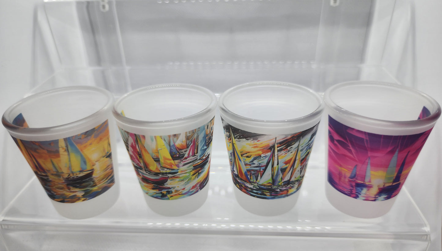 Frosted Shot Glass Set - Colorful Sailboats (Qty 4)