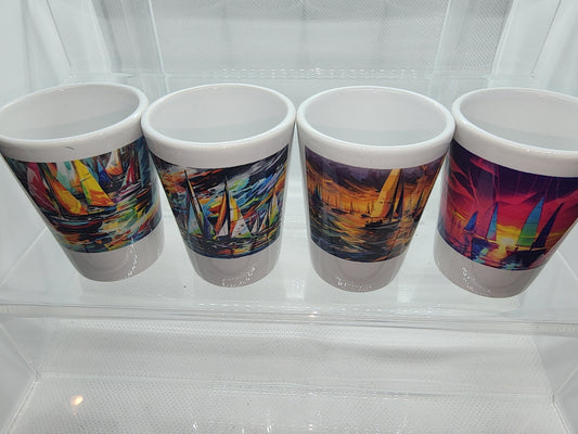 Ceramic Shot Glass Set - Colorful Sailboats (Qty 4)